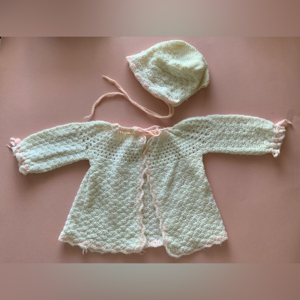 Vintage 60s Crocheted Baby Sweater and Bonnet Set